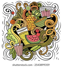 Cartoon vector doodles Diet food illustration. Colorful, detailed, with lots of objects background. All objects separate. Bright colors dietary funny picture