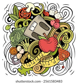 Cartoon vector doodles Diet food illustration. Colorful, detailed, with lots of objects background. All objects separate. Bright colors dietary funny picture