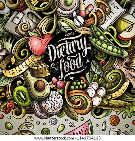 Cartoon vector doodles diet food frame. Colorful, detailed, with lots of objects background. All objects separate. Bright colors dietary funny border