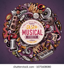 Cartoon vector doodles Disco music round illustration. Colorful, detailed, with lots of objects background. All objects separate. Bright colors musical funny picture