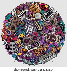 Cartoon vector doodles Disco music round illustration. Colorful, detailed, with lots of objects background. All objects separate. Bright colors musical funny picture