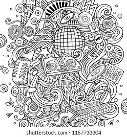 Cartoon vector doodles Disco music illustration. Line art, detailed, with lots of objects background. All objects separate. Sketchy musical funny picture