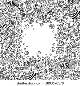 Cartoon vector doodles Disco music frame. Line art, detailed, with lots of objects background. All objects separate. Sketchy musical funny border