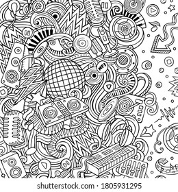 Cartoon vector doodles Disco music frame. Line art, detailed, with lots of objects background. All objects separate. Sketchy musical funny border
