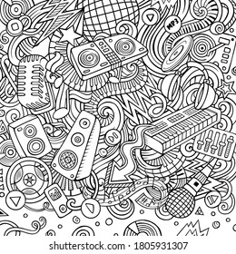 Cartoon vector doodles Disco music frame. Line art, detailed, with lots of objects background. All objects separate. Sketchy musical funny border