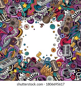 Cartoon vector doodles Disco music frame. Colorful, detailed, with lots of objects background. All objects separate. Color musical funny border