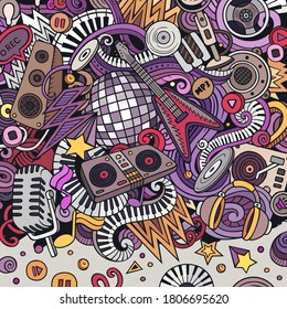 Cartoon vector doodles Disco music frame. Colorful, detailed, with lots of objects background. All objects separate. Color musical funny border