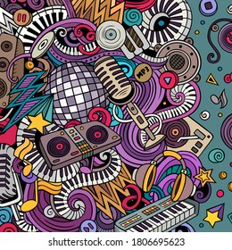 Cartoon vector doodles Disco music frame. Colorful, detailed, with lots of objects background. All objects separate. Color musical funny border