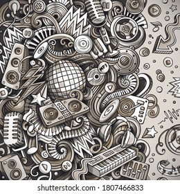 Cartoon vector doodles Disco music frame. Monochrome, detailed, with lots of objects background. All objects separate. Graphic musical funny border