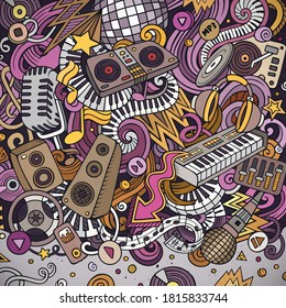 Cartoon vector doodles Disco music frame. Colorful, detailed, with lots of objects background. All objects separate. Color musical funny border