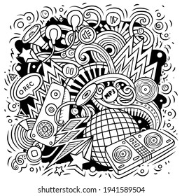 Cartoon vector doodles Disco music illustration. Line art, detailed, with lots of objects background. All objects separate. Musical funny picture