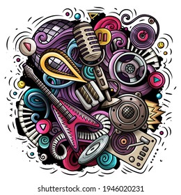 Cartoon vector doodles Disco music illustration. Colorful, detailed, with lots of objects background. All objects separate. Bright colors musical funny picture