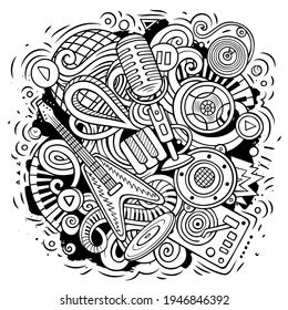 Cartoon vector doodles Disco music illustration. Line art, detailed, with lots of objects background. All objects separate. Musical funny picture