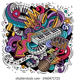 Cartoon vector doodles Disco music illustration. Colorful, detailed, with lots of objects background. All objects separate. Bright colors musical funny picture
