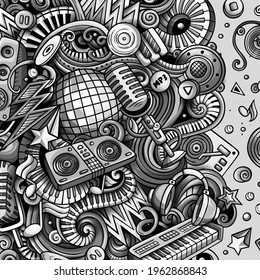 Cartoon vector doodles Disco music frame. Monochrome, detailed, with lots of objects background. All objects separate. Graphic musical funny border