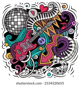 Cartoon vector doodles Disco music illustration. Colorful, detailed, with lots of objects background. All objects separate. Bright colors musical funny picture