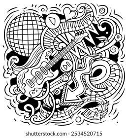 Cartoon vector doodles Disco music illustration. Line art, detailed, with lots of objects background. All objects separate. Musical funny picture