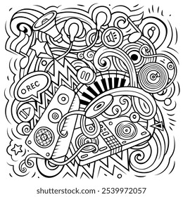 Cartoon vector doodles Disco music illustration. Line art, detailed, with lots of objects background. All objects separate. Musical funny picture