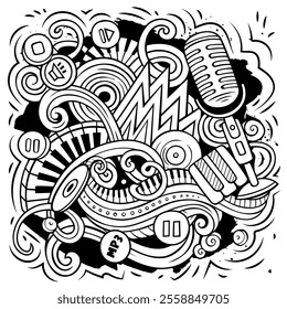 Cartoon vector doodles Disco music illustration. Line art, detailed, with lots of objects background. All objects separate. Musical funny picture
