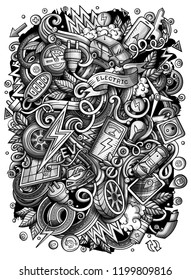 Cartoon vector doodles Electric cars illustration. Monochrome, detailed, with lots of objects background. All objects separate. Toned funny picture