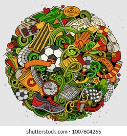 Cartoon vector doodles Football illustration. Colorful, detailed, with lots of objects background. All objects separate. Bright colors Soccer funny picture