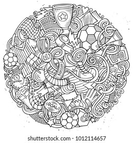 Cartoon vector doodles Football illustration. Line art detailed, with lots of objects background. All objects separate. Sketchy Soccer funny picture