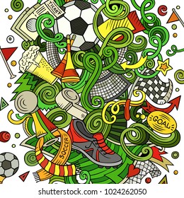Cartoon vector doodles Football illustration. Colorful, detailed, with lots of objects background. All objects separate. Bright colors Soccer funny picture