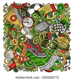 Cartoon vector doodles Football illustration. Colorful, detailed, with lots of objects background. All objects separate. Bright colors Soccer funny picture