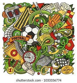 Cartoon vector doodles Football illustration. Colorful, detailed, with lots of objects background. All objects separate. Bright colors Soccer funny picture