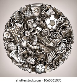 Cartoon vector doodles Football illustration. Monochrome, detailed, with lots of objects background. All objects separate. Toned Soccer funny picture