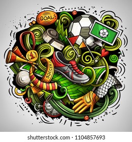 Cartoon vector doodles Football illustration. Colorful, detailed, with lots of objects background. All objects separate. Bright colors Soccer funny picture