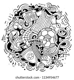 Cartoon vector doodles Football illustration. Line art, detailed, with lots of objects background. All objects separate. Sketchy Soccer funny picture