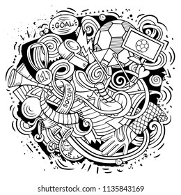 Cartoon vector doodles Football illustration. Line art, detailed, with lots of objects background. All objects separate. Sketchy Soccer funny picture