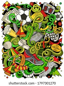 Cartoon vector doodles Football illustration. Colorful, detailed, with lots of objects background. All objects separate. Bright colors Soccer funny picture