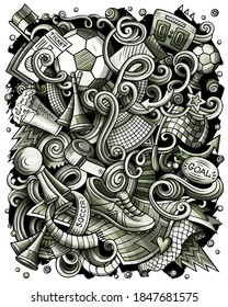 Cartoon vector doodles Football illustration. Monochrome, detailed, with lots of objects background. All objects separate. Toned Soccer funny picture