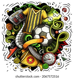 Cartoon vector doodles Football illustration. Colorful, detailed, with lots of objects background. All objects separate. Bright colors Soccer funny picture