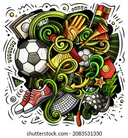 Cartoon vector doodles Football illustration. Colorful, detailed, with lots of objects background. All objects separate. Bright colors Soccer funny picture