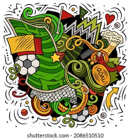 Cartoon vector doodles Football illustration. Colorful, detailed, with lots of objects background. All objects separate. Bright colors Soccer funny picture