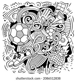 Dibujo de fútbol vectorial de dibujos animados. Arte de línea, detallado, con muchos objetos de fondo. Todos los objetos se separan. Foto divertida de fútbol