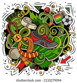 Cartoon vector doodles Football illustration. Colorful, detailed, with lots of objects background. All objects separate. Bright colors Soccer funny picture