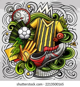 Cartoon vector doodles Football illustration. Colorful, detailed, with lots of objects background. All objects separate. Bright colors Soccer funny picture