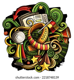 Cartoon vector doodles Football illustration. Colorful, detailed, with lots of objects background. All objects separate. Bright colors Soccer funny picture