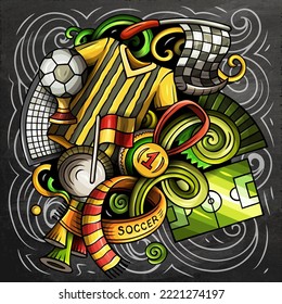 Cartoon vector doodles Football illustration. Colorful, detailed, with lots of objects background. All objects separate. Bright colors Soccer funny picture