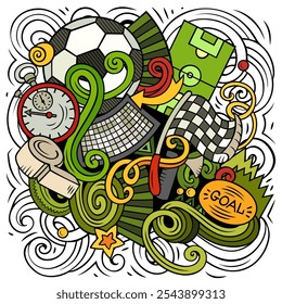 Vetor de desenhos animados rabisca ilustração de futebol. Colorido, detalhado, com muitos objetos de fundo. Todos os objetos são separados. Cores brilhantes Futebol imagem engraçada