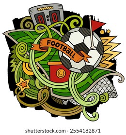 Cartoon vector doodles Football illustration. Colorful, detailed, with lots of objects background. All objects separate. Bright colors Soccer funny picture