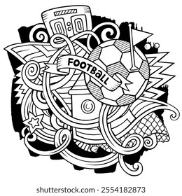 Cartoon vector doodles Football illustration. Line art, detailed, with lots of objects background. All objects separate. Soccer funny picture