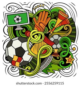 Cartoon vector doodles Football illustration. Colorful, detailed, with lots of objects background. All objects separate. Bright colors Soccer funny picture