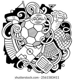 Cartoon vector doodles Football illustration. Line art, detailed, with lots of objects background. All objects separate. Soccer funny picture
