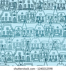 Cartoon vector doodles hand drawn town. seamless pattern