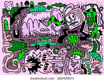 Cartoon vector doodles hand drawn town.